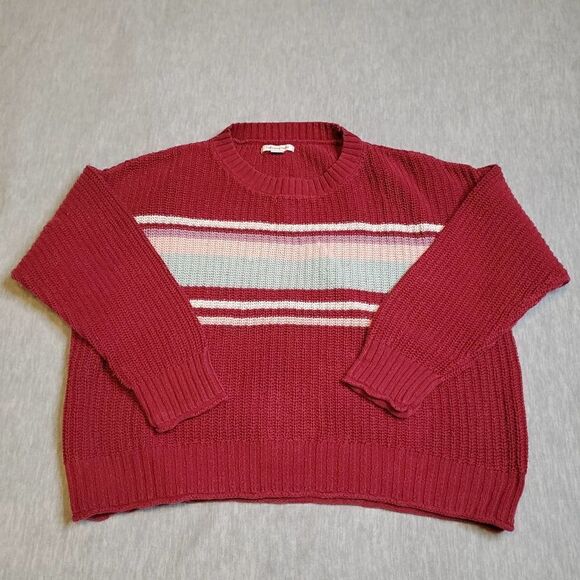American Eagle Sweater Womens XS Maroon Cropped Striped Chunky Knit Pullover - Picture 1 of 7